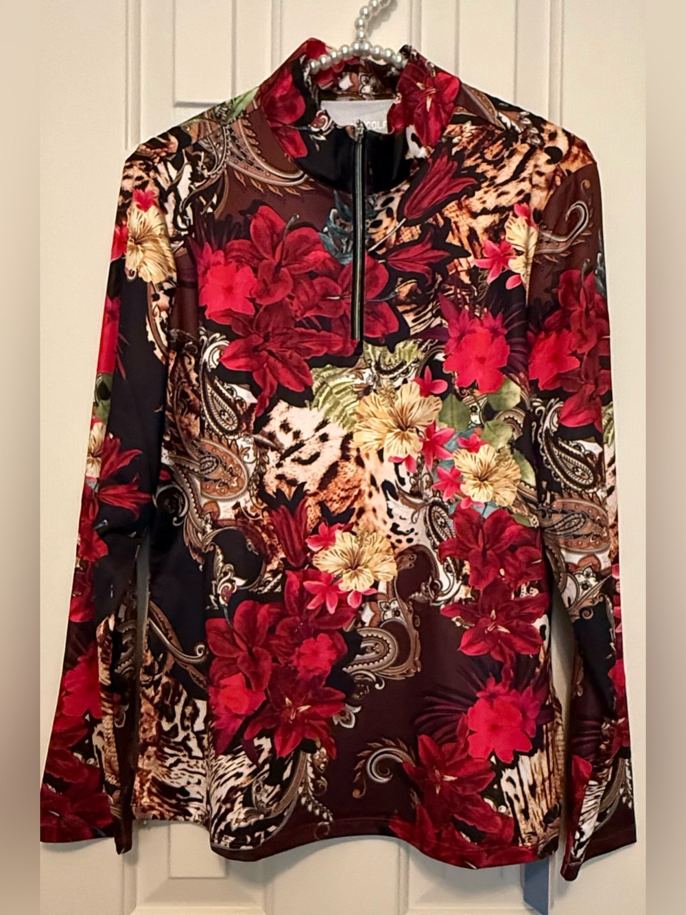 Top - athletic 1/4 zip - Acegolfs - NEW! W/tags - red black gold floral Large